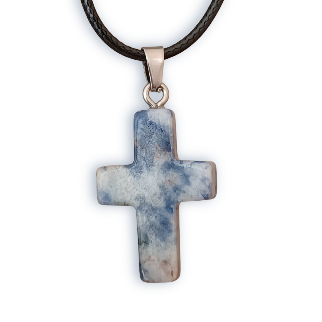 Blue & Brown spotted Natural Stone Cross with Nylon Necklace
