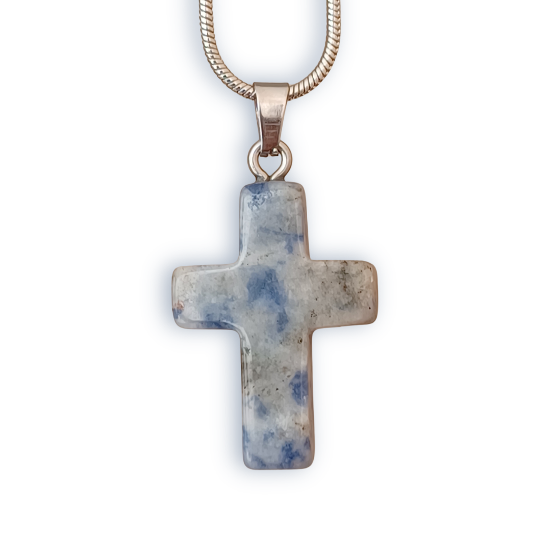 Blue & Brown spotted Natural Stone Cross with Silver Necklace