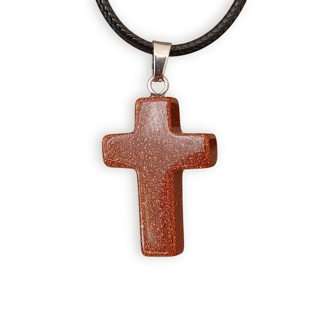 Brown with Glitter Natural Stone Cross with Nylon Necklace