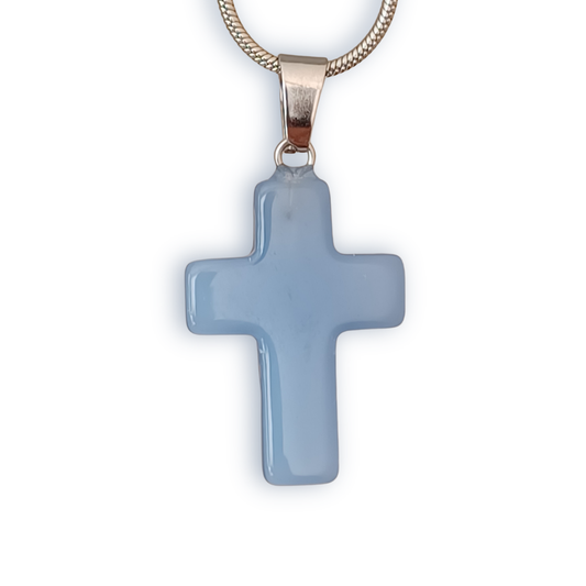 Clear Blue Natural Stone Cross with Silver Necklace