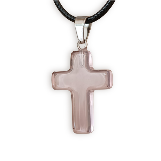 Clear Pink Natural Stone Cross with Nylon Necklace