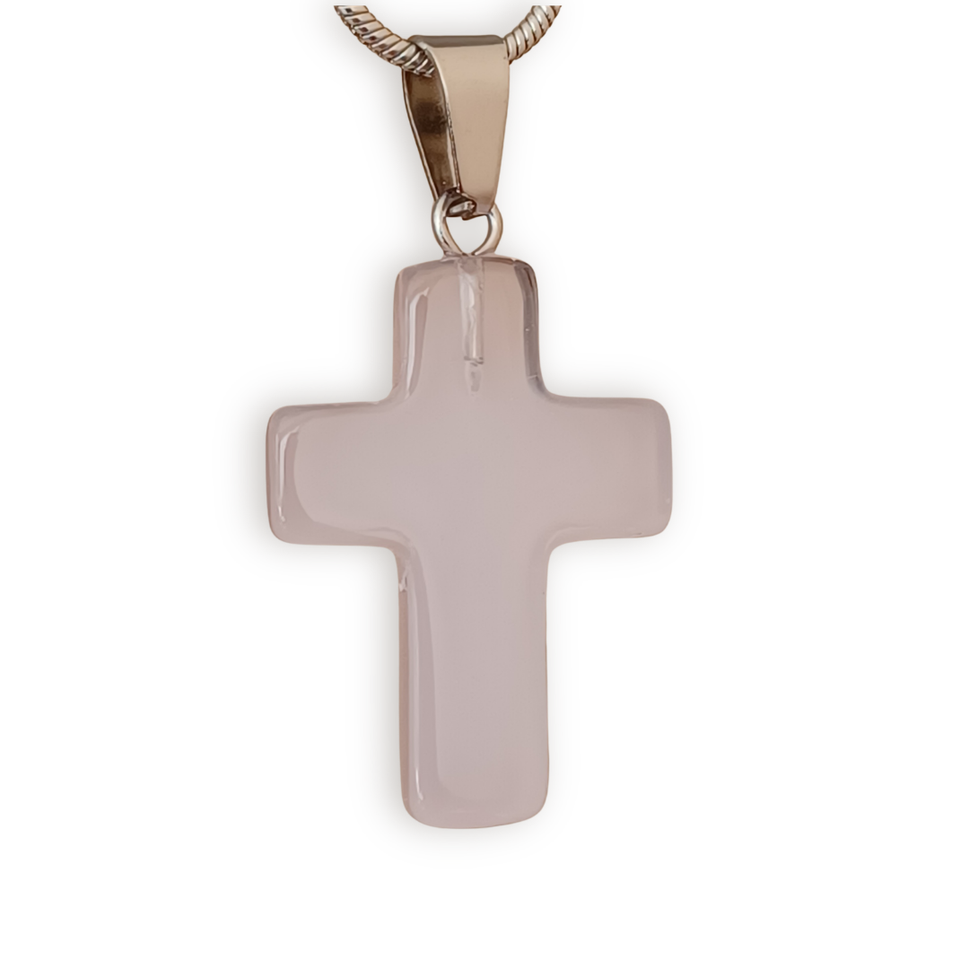 Clear Pink Natural Stone Cross with Silver Necklace