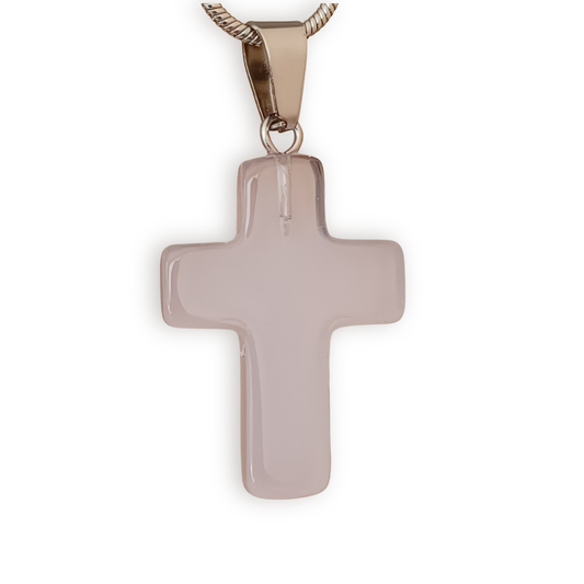 Clear Pink Natural Stone Cross with Silver Necklace