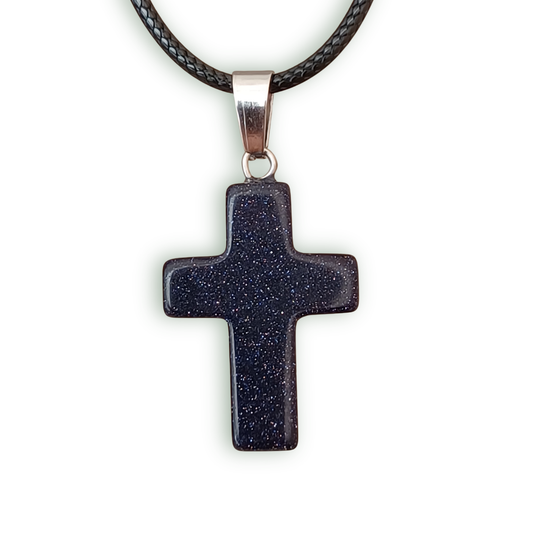 Dark Blue with glitter Natural Stone Cross with Nylon Necklace