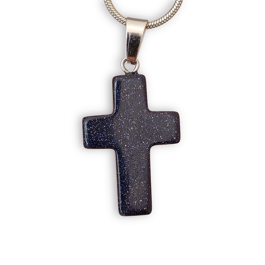 Dark Blue with glitter Natural Stone Cross with Silver Necklace