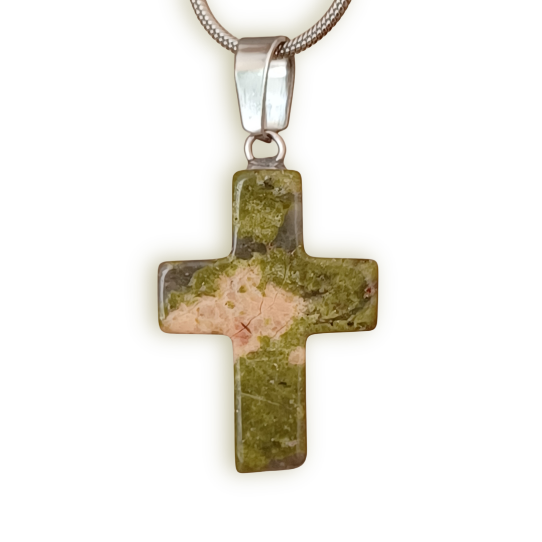 Green Earthy Marble look Natural Stone Cross with Silver Necklace