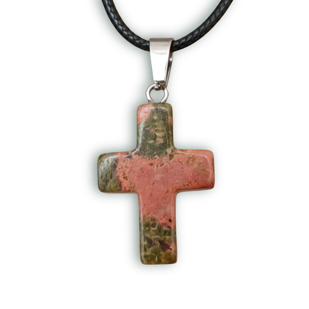 Green & Orange Marble look Natural Stone Cross with Nylon Necklace