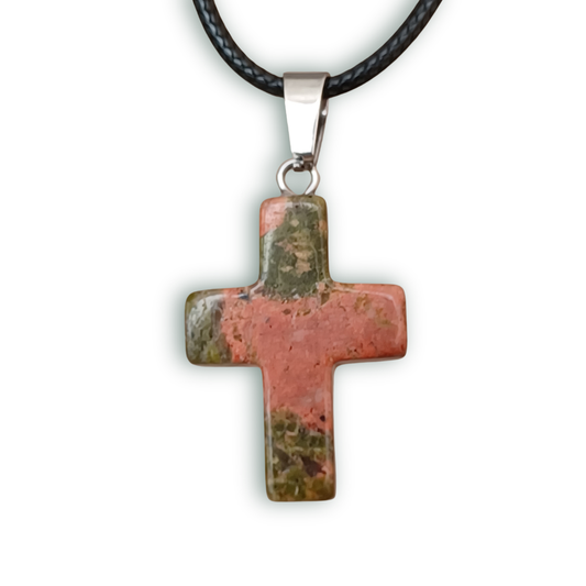 Green & Orange Marble look Natural Stone Cross with Nylon Necklace