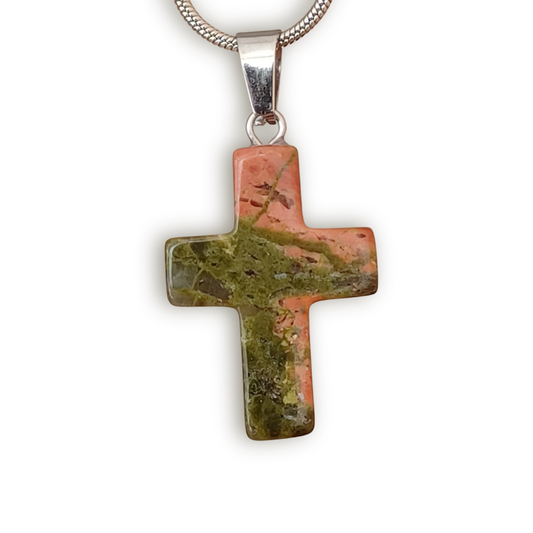 Green & Orange Marble look Natural Stone Cross with Silver Necklace
