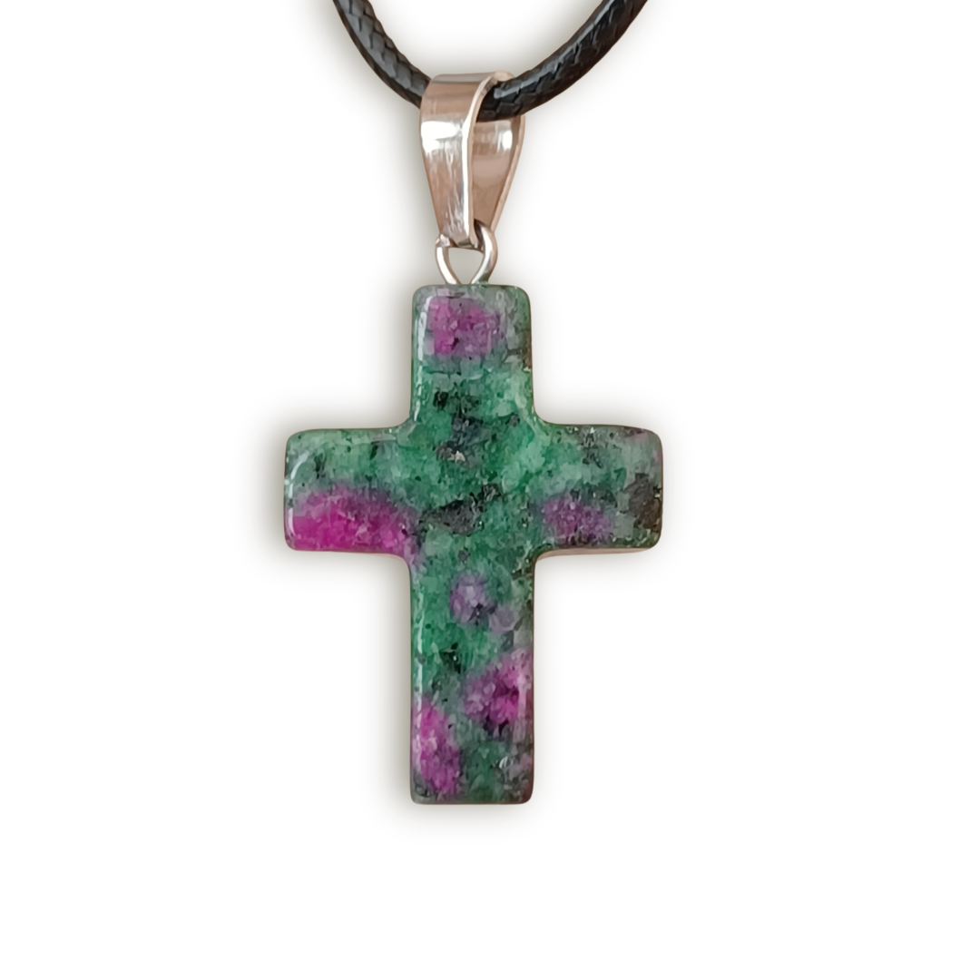 Green & Purple Marble look Natural Stone Cross with Nylon Necklace