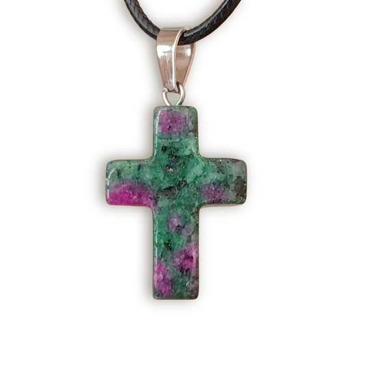 Green & Purple Marble look Natural Stone Cross with Nylon Necklace