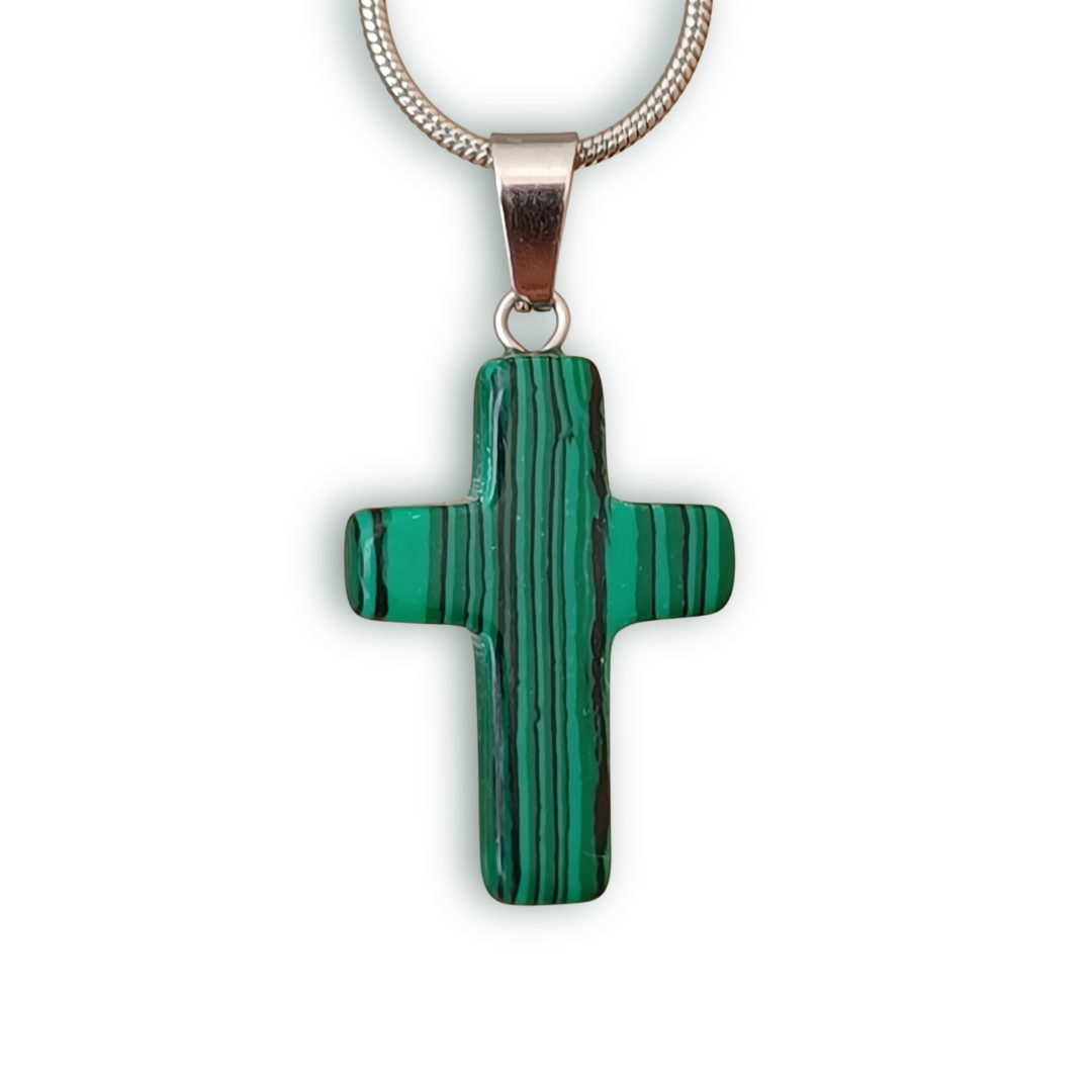 Green with vertical stripes Natural Stone Cross with Silver Necklace