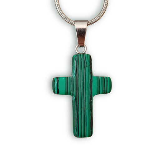 Green with vertical stripes Natural Stone Cross with Silver Necklace