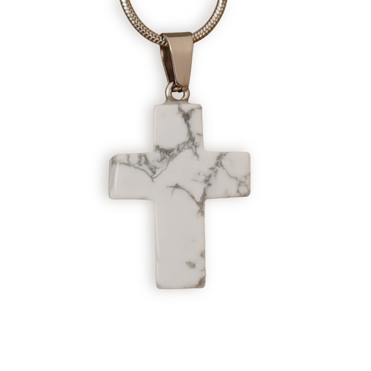 Grey Marble Look Natural Stone Cross with Silver Necklace