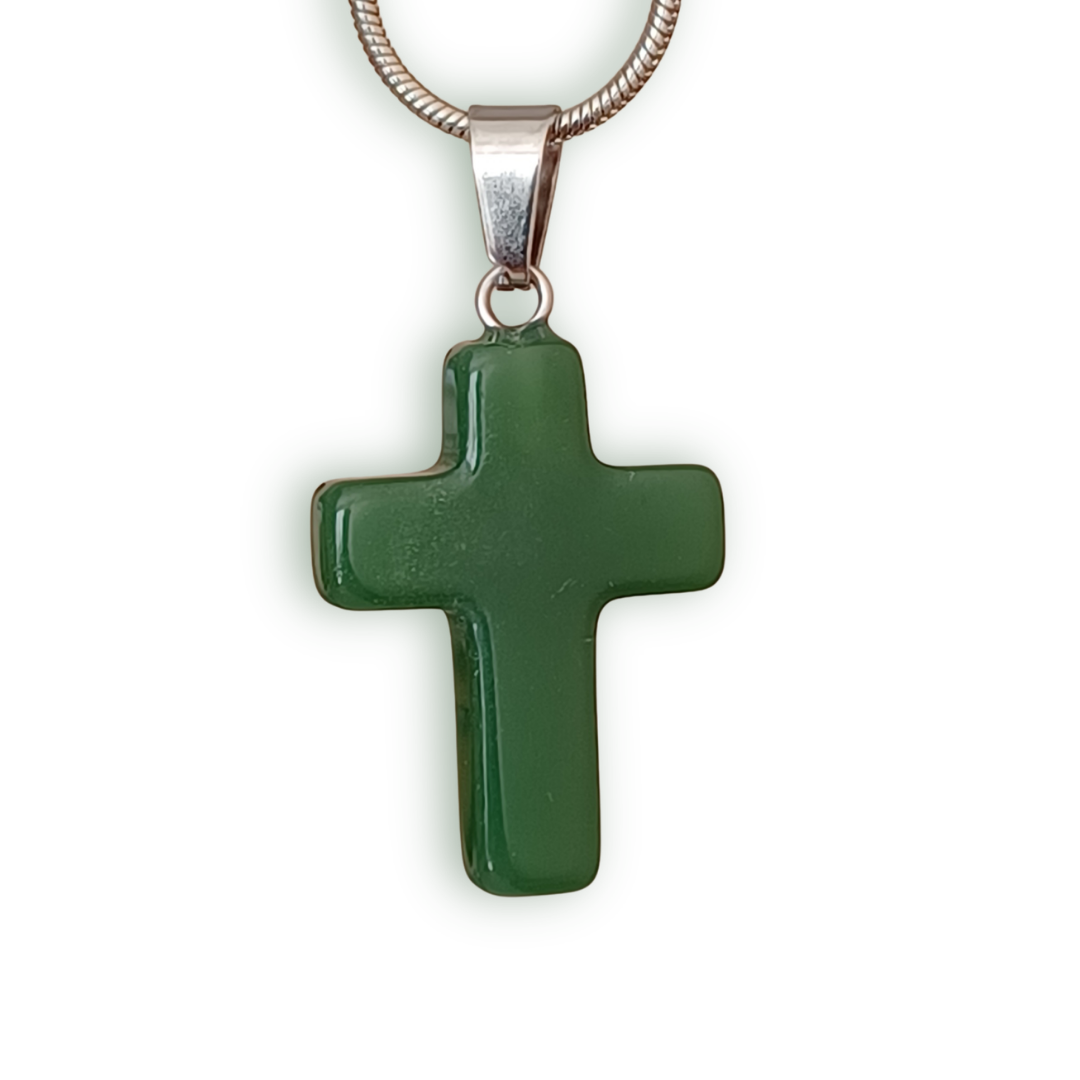 Dark Green Natural Stone Cross with Silver necklace