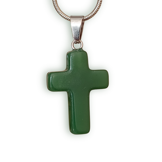 Dark Green Natural Stone Cross with Silver necklace