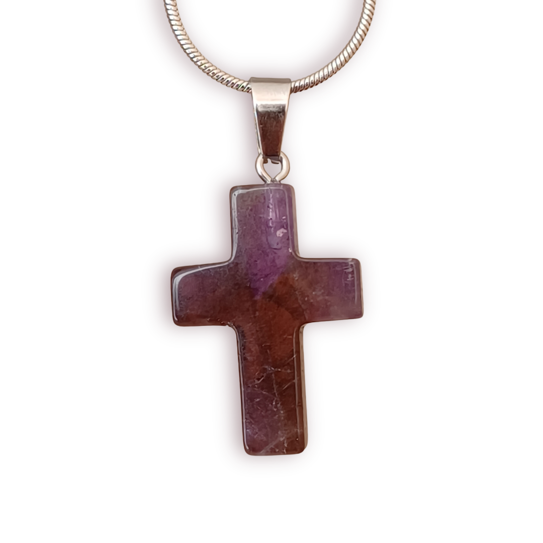 Purple Natural Stone Cross with Silver Necklace